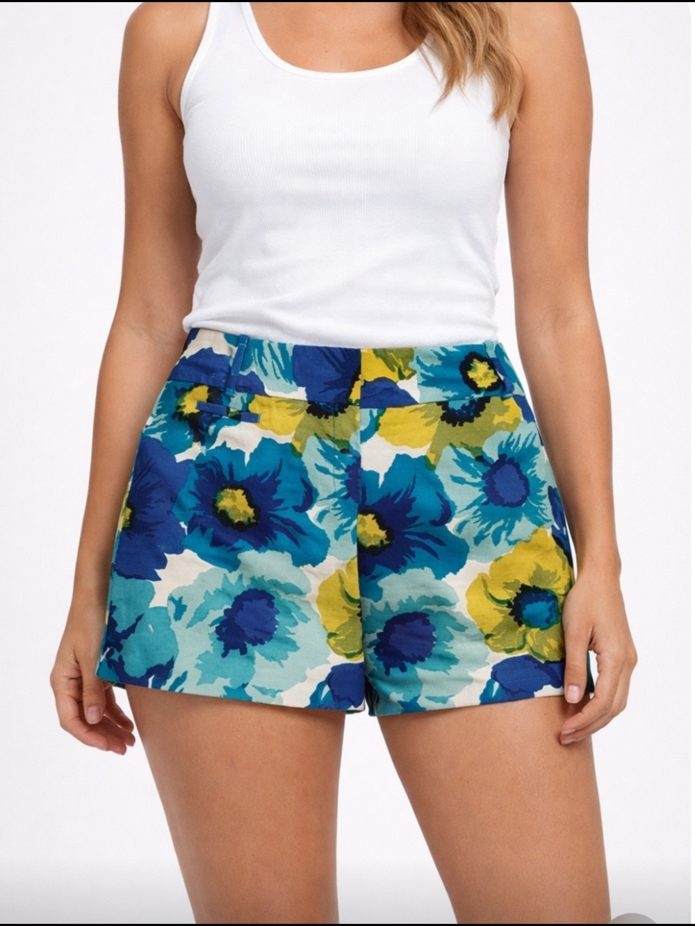 LOFT Floral High-Waist Shorts — Blue & Yellow